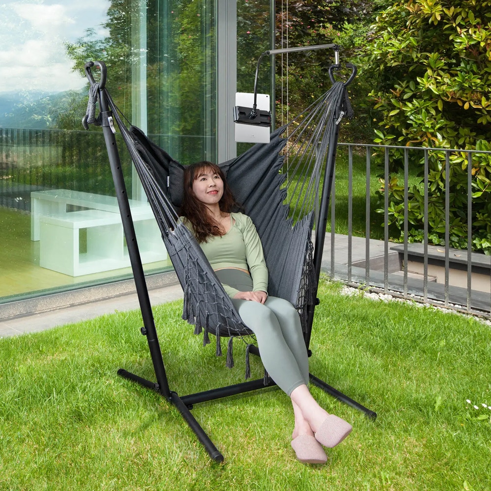 Säädettävä teräsrunkoinen riippumatto - harmaa, jossa on tyyny, tasku ja kännykänpidike