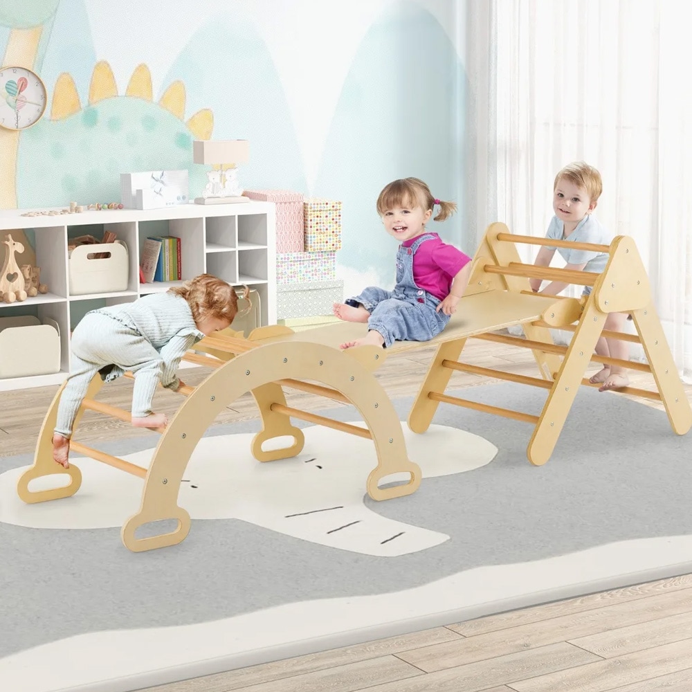 3-in-1 puinen kiipeilyteline lapsille - kolmio, kaari ja luiska
