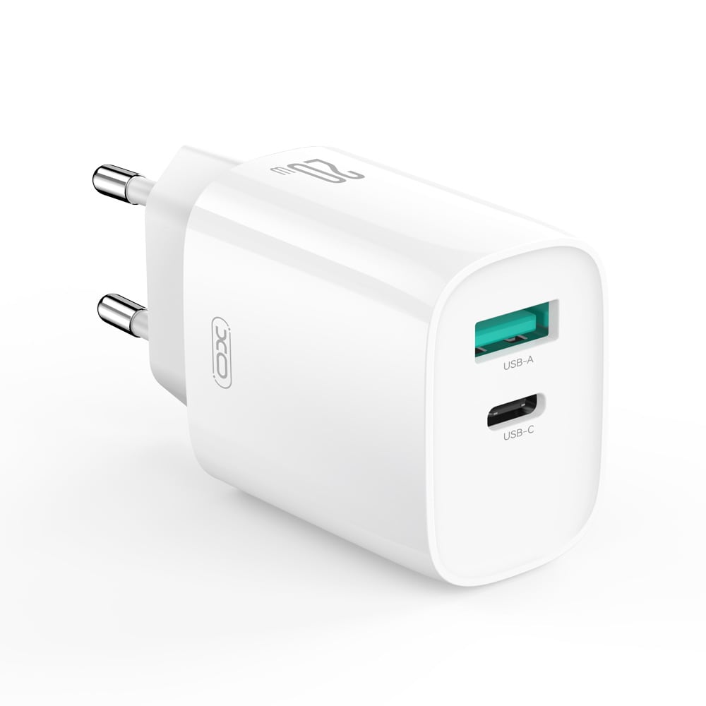 XO Seinälaturi 20W PD USB-C- ja USB-A-porteilla + USB-C–Lightning-kaapeli