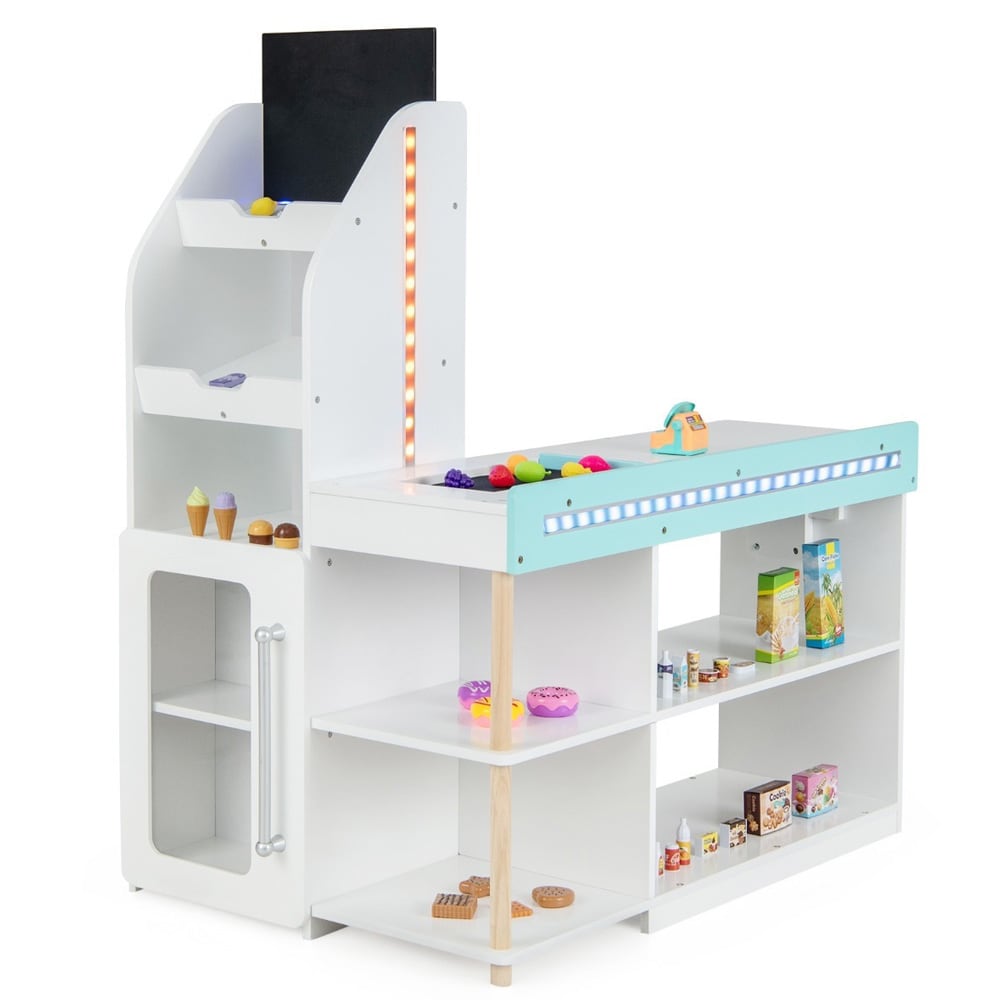 Puinen lelukauppa lapsille LED-valaistuksella, ostoskärryllä ja 39 tarvikkeella - Valkoinen