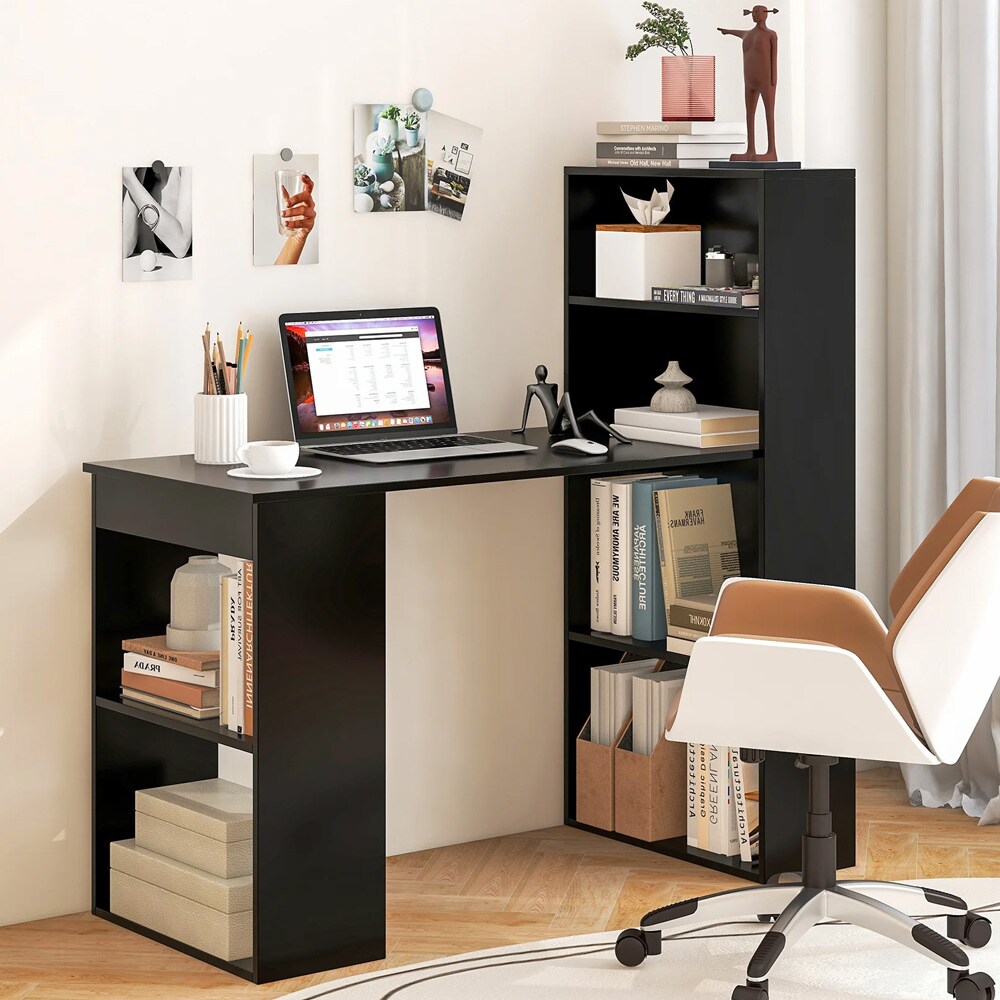 Tietokonepöytä svart, jossa on kirjahylly, irrotettava hylly ja tilava työtaso