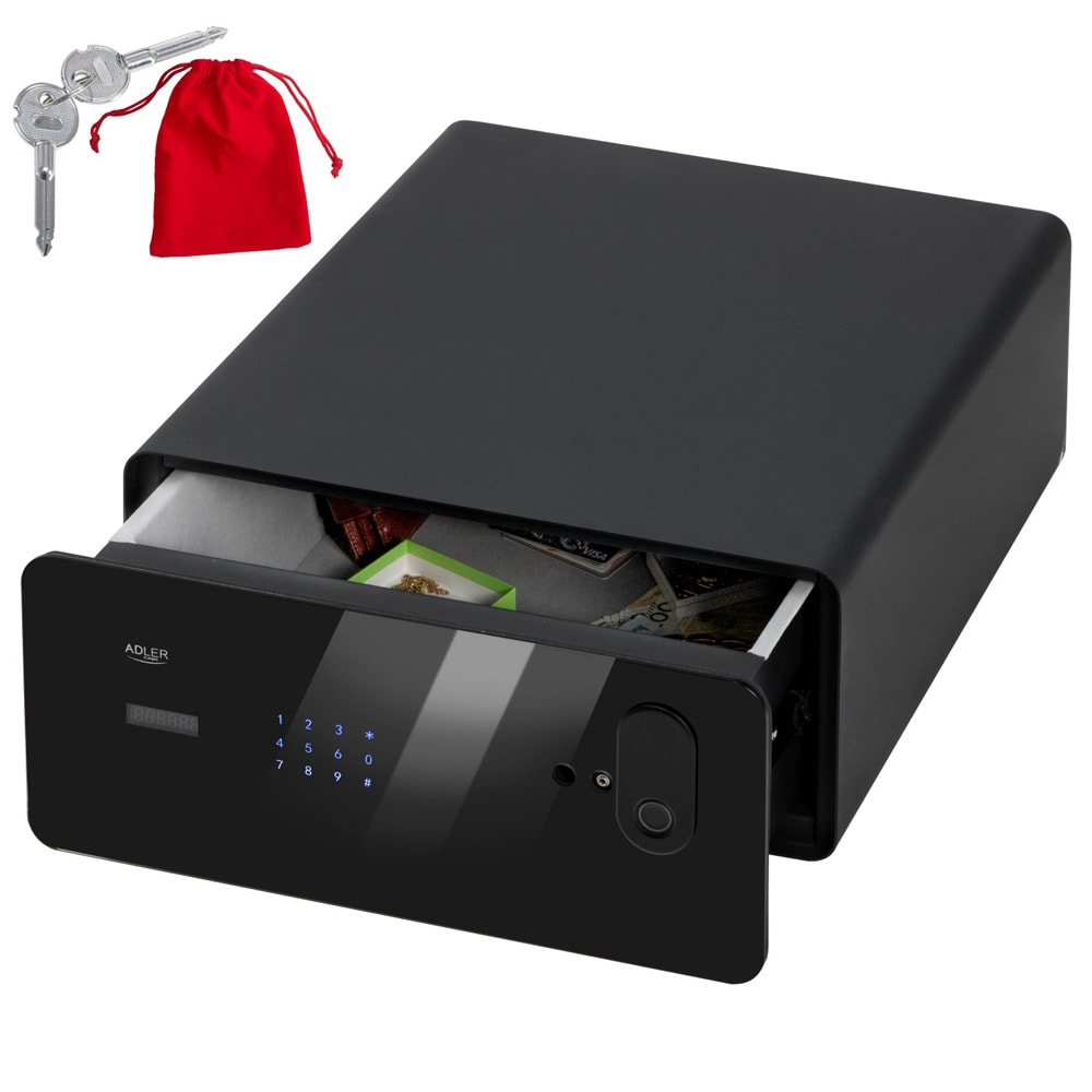 Sormenjälkilukijalla varustettu kosketusnäytöllinen tallelokero, 17 litran tilavuus ja teräsrakenne