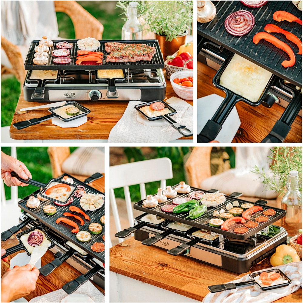 Raclette - sähköinen raclette-grilli kaksipuolisella grillilevyllä / pöytägrilli 8 pannulla / raclette-laite
