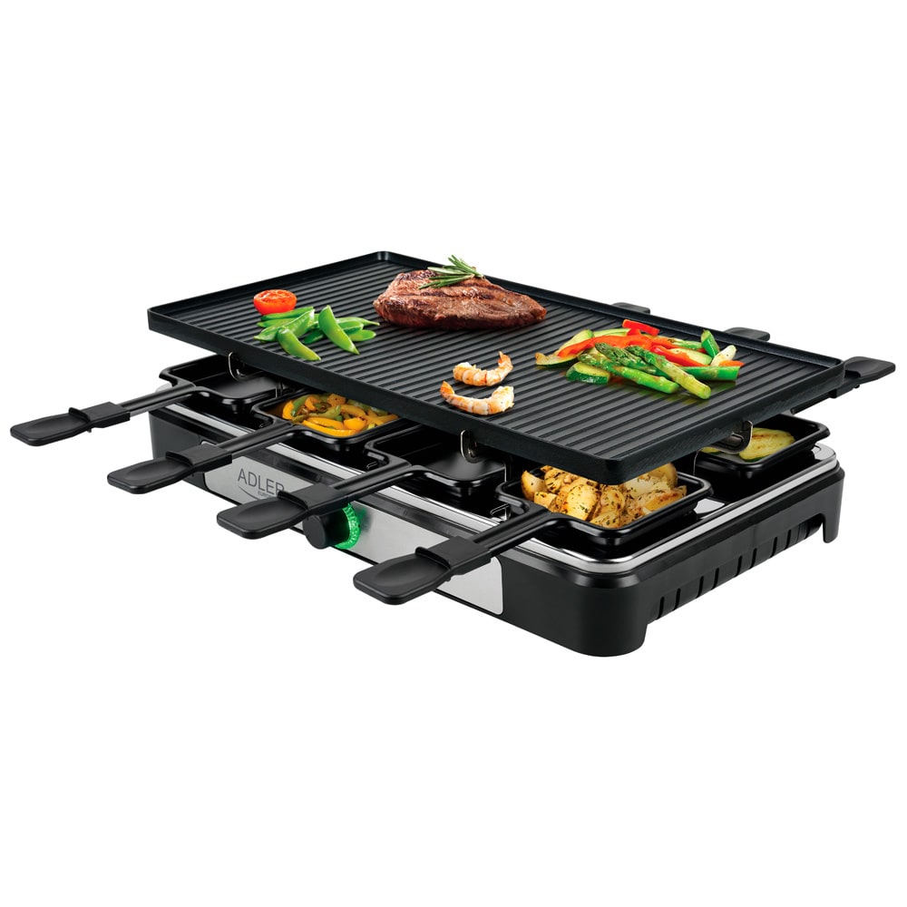 Raclette - sähköinen raclette-grilli kaksipuolisella grillilevyllä / pöytägrilli 8 pannulla / raclette-laite