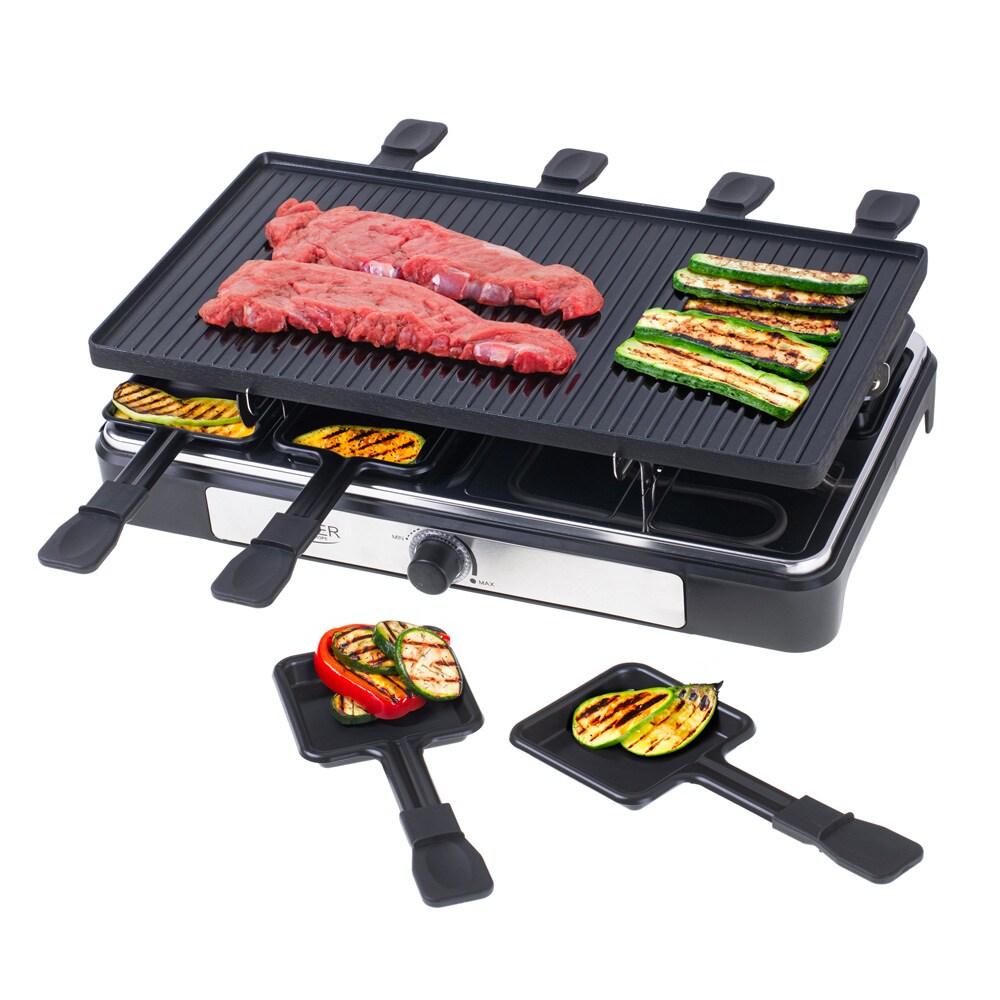 Raclette - sähköinen raclette-grilli kaksipuolisella grillilevyllä / pöytägrilli 8 pannulla / raclette-laite