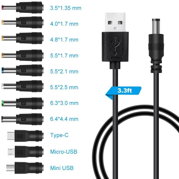 11in1 Virtajohto USB:llä ja 11 eri sovittimella 5V-laitteille