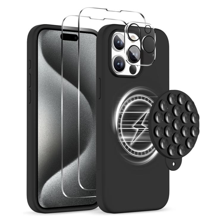 Kotelo, jossa Magsafe ja imukuppi + näytön ja linssin suojus iPhone 15 Pro - Svart