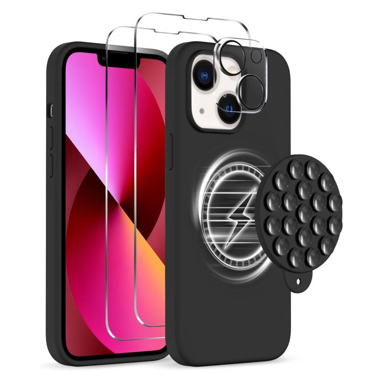 Magsafe- ja imukupilla varustettu kuori + näytön ja linssin suojakalvot iPhone 13 - Svart