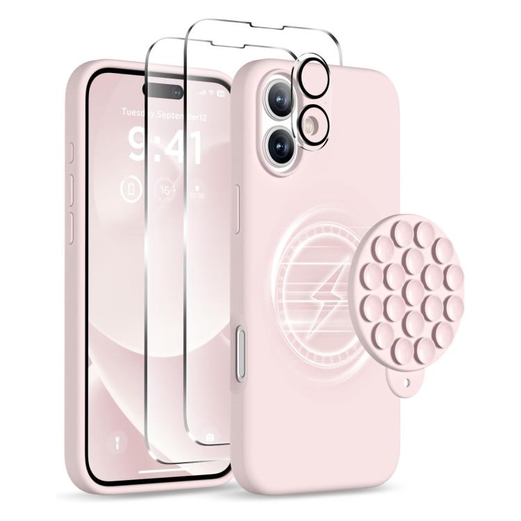 Kuori Magsafe- ja imukupilla + Näytön ja linssin suojus iPhone 16:lle - Vaaleanpunainen