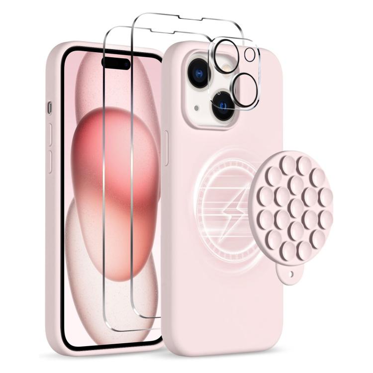 Kuori Magsafe ja imukuppi + Näytön ja linssin suojus iPhone 15 - Vaaleanpunainen