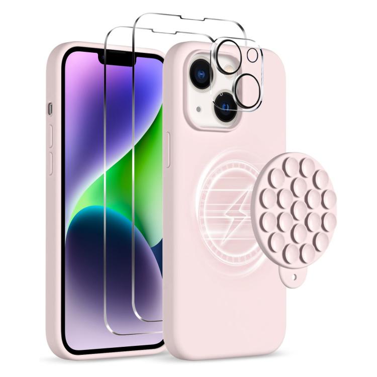 Kuori Magsafe ja imukuppi + Näytön ja linssin suojus iPhone 14 - Vaaleanpunainen