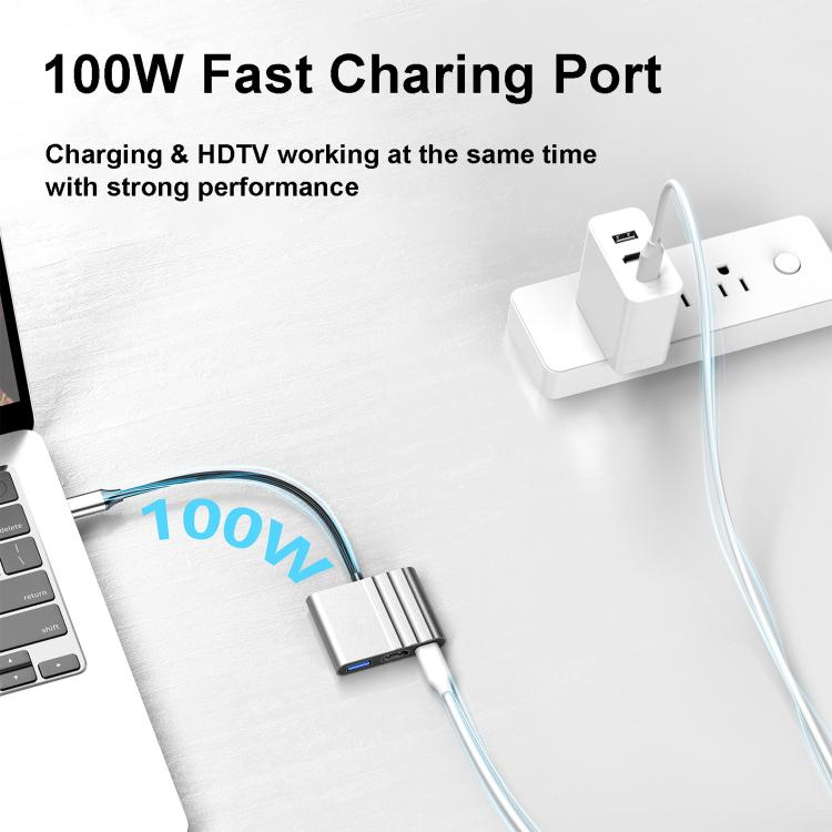 3-in-1 USB-C-sovitin latausta ja kuvansiirtoa varten