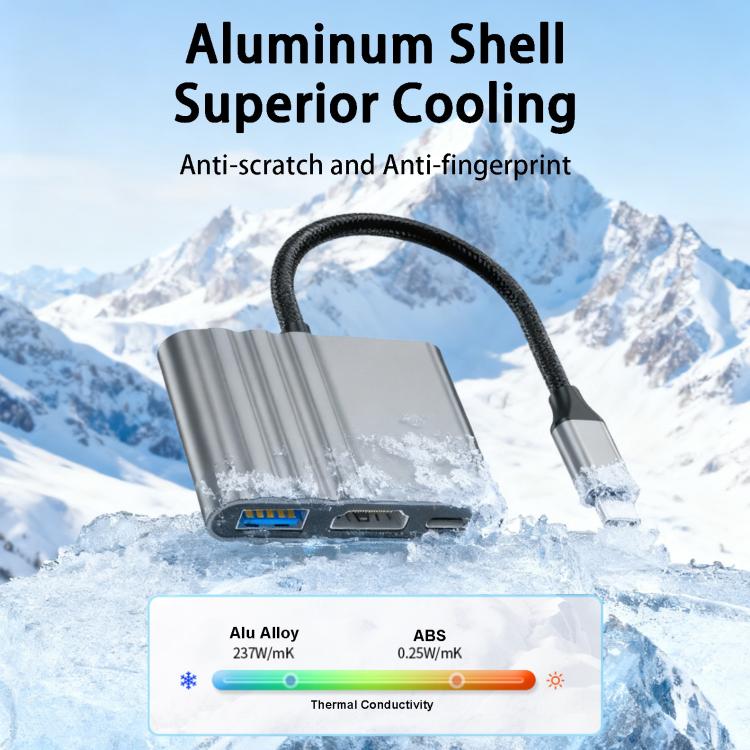 3-in-1 USB-C-sovitin latausta ja kuvansiirtoa varten