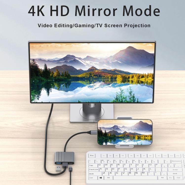 3-in-1 USB-C-sovitin latausta ja kuvansiirtoa varten