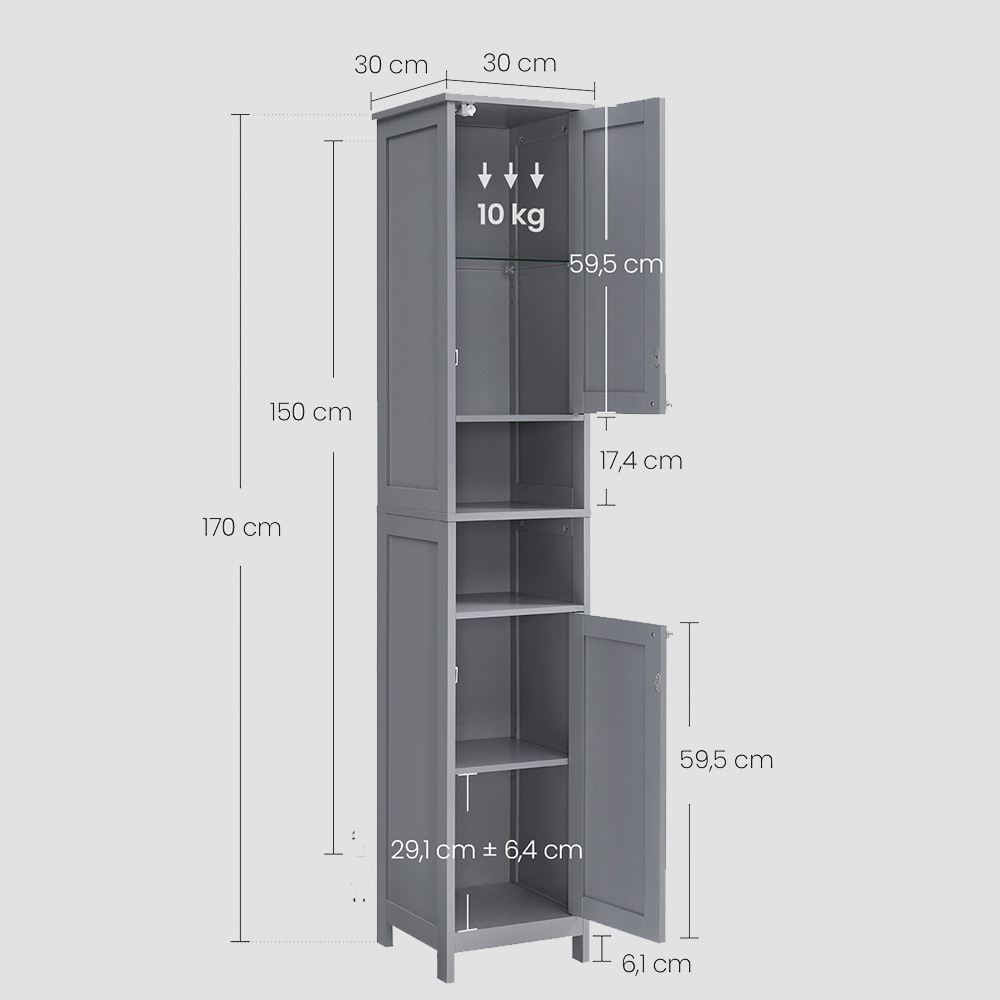 VASAGLE kapea kylpyhuonekaappi valolla / korkea kylpyhuonekaappi / säilytyskaappi / kyyhkynharmaa kaappi 170 cm