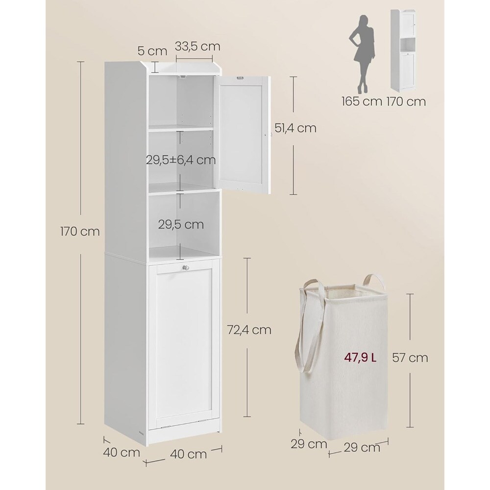 Kapea kylpyhuonekaappi pyykkikorilla – korkea kylpyhuoneen säilytyskaappi säädettävällä hyllyllä 40 x 40 x 170 cm, valkoinen