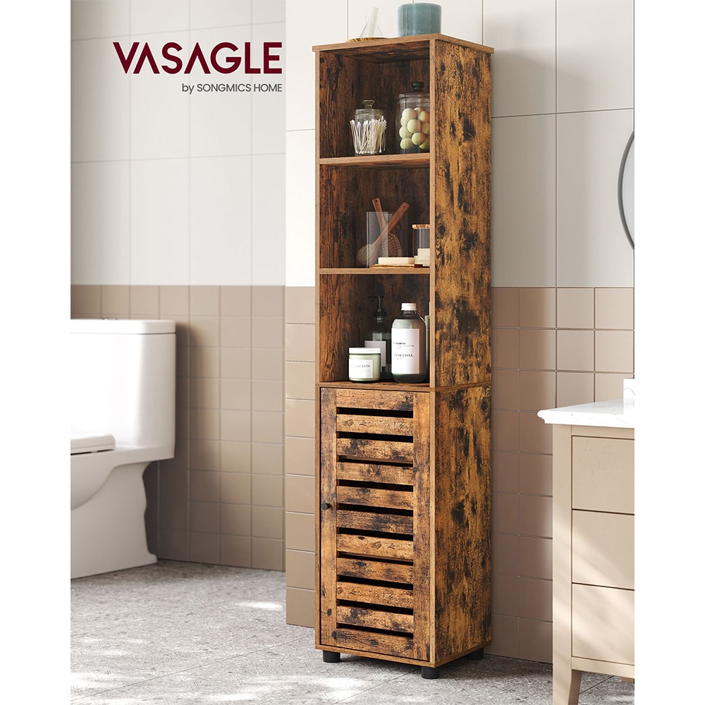 Korkea kylpyhuonekaappi rustiikinruskea / kapea säilytyskaappi / kaappi säleovella / lattiakaappi 167 cm