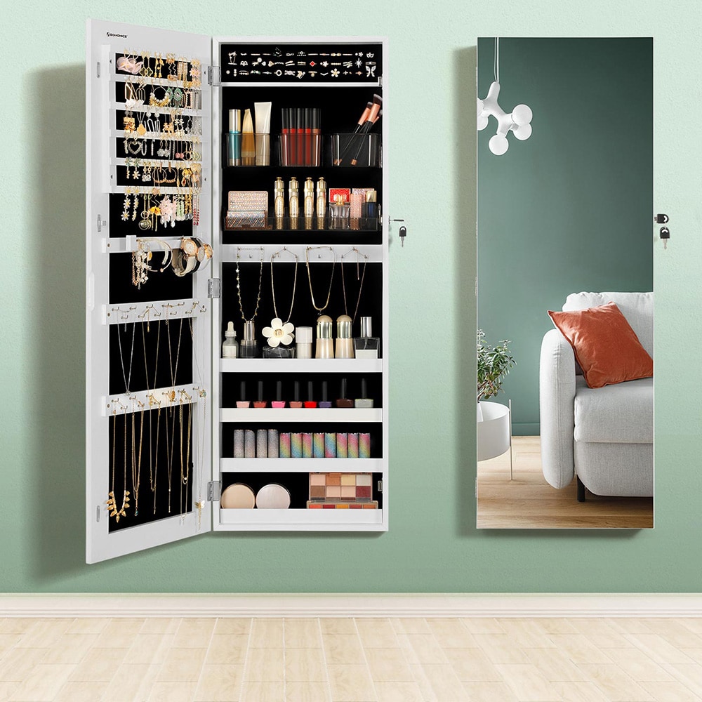 Seinäkiinnitteinen korukaappi peilillä ja lukolla - Valkoinen