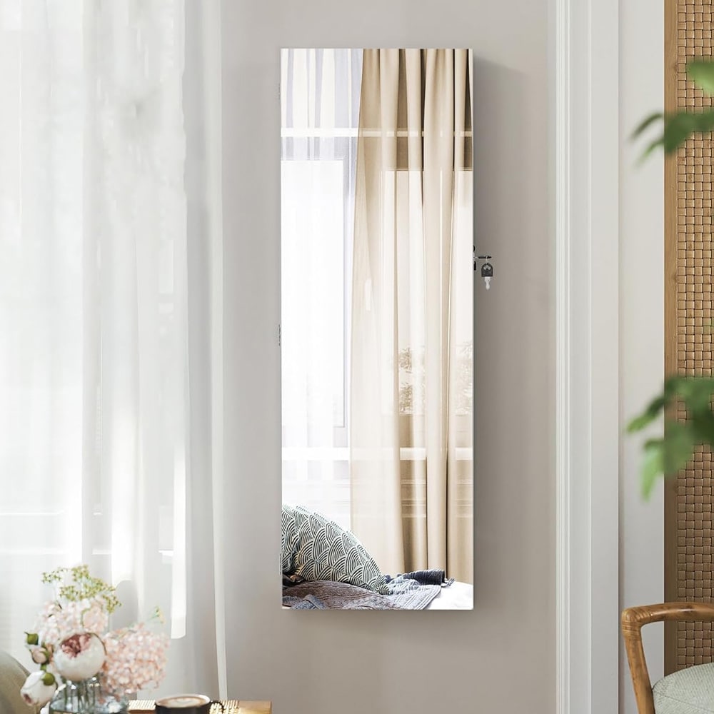 Seinään kiinnitettävä korukaappi peilillä ja lukitustoiminnolla - Valkoinen