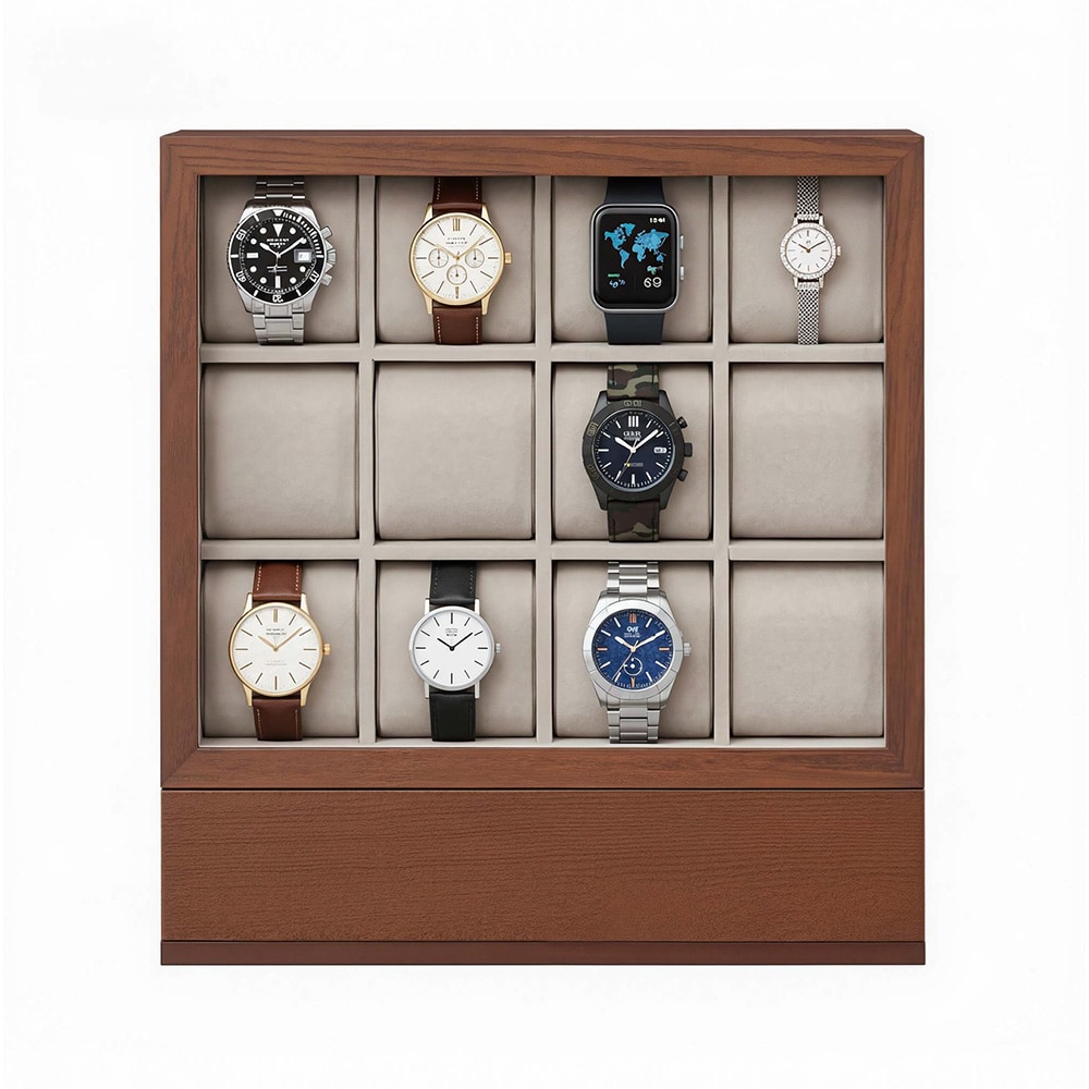 Kellolaatikko 12 kellolle / kellolaatikko ikkunalla / rannekellojen säilytys / kahvinruskea kelloteline
