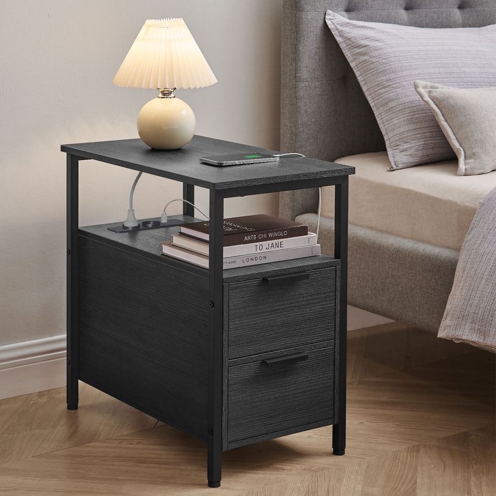 Sivupöytä, jossa 2 laatikkoa ja sisäänrakennettu pistorasia - Musta