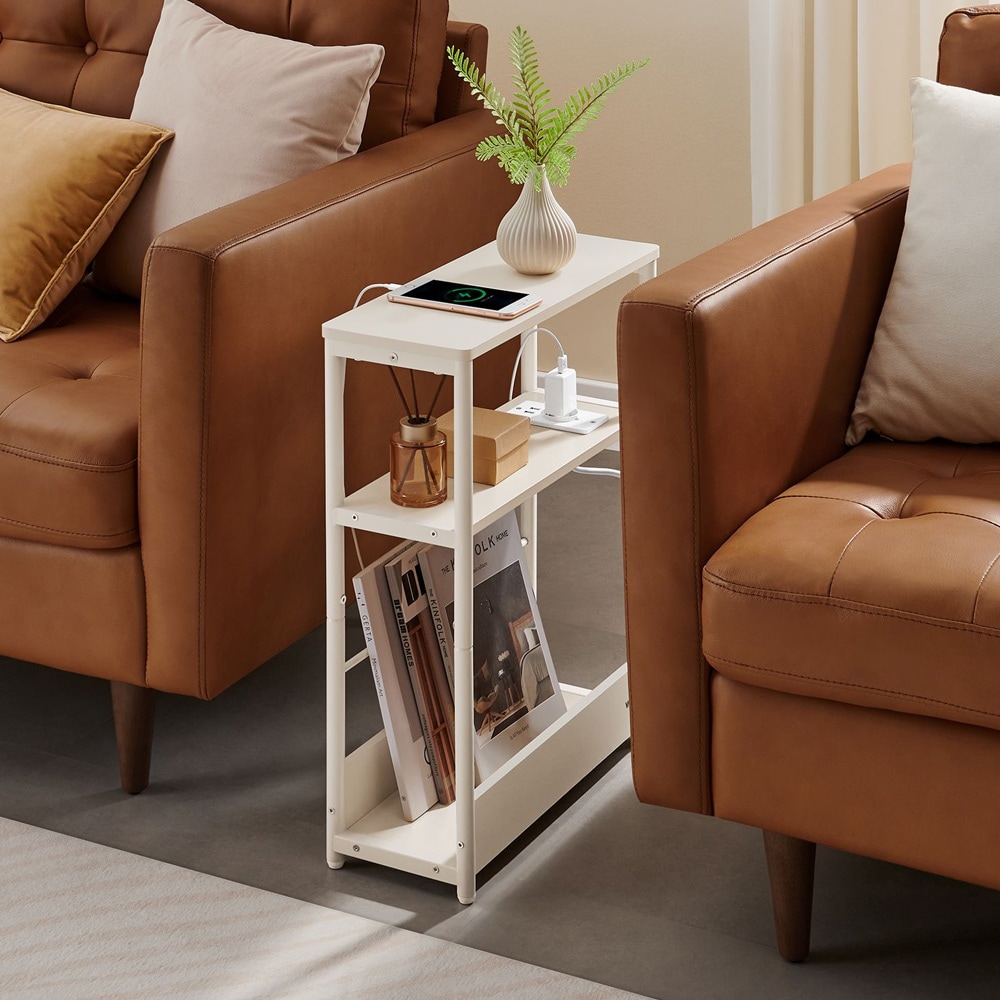 Kapea sivupöytä 18 x 45 x 58 cm sisäänrakennetulla pistorasialla - Valkoinen