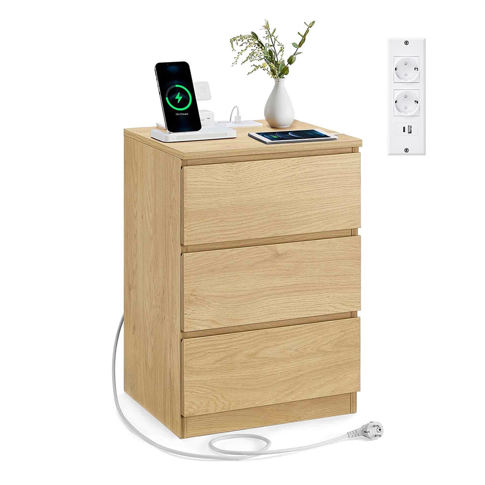 Yöpöytä, jossa on 3 laatikkoa ja sisäänrakennettu pistorasia + USB-liitäntä