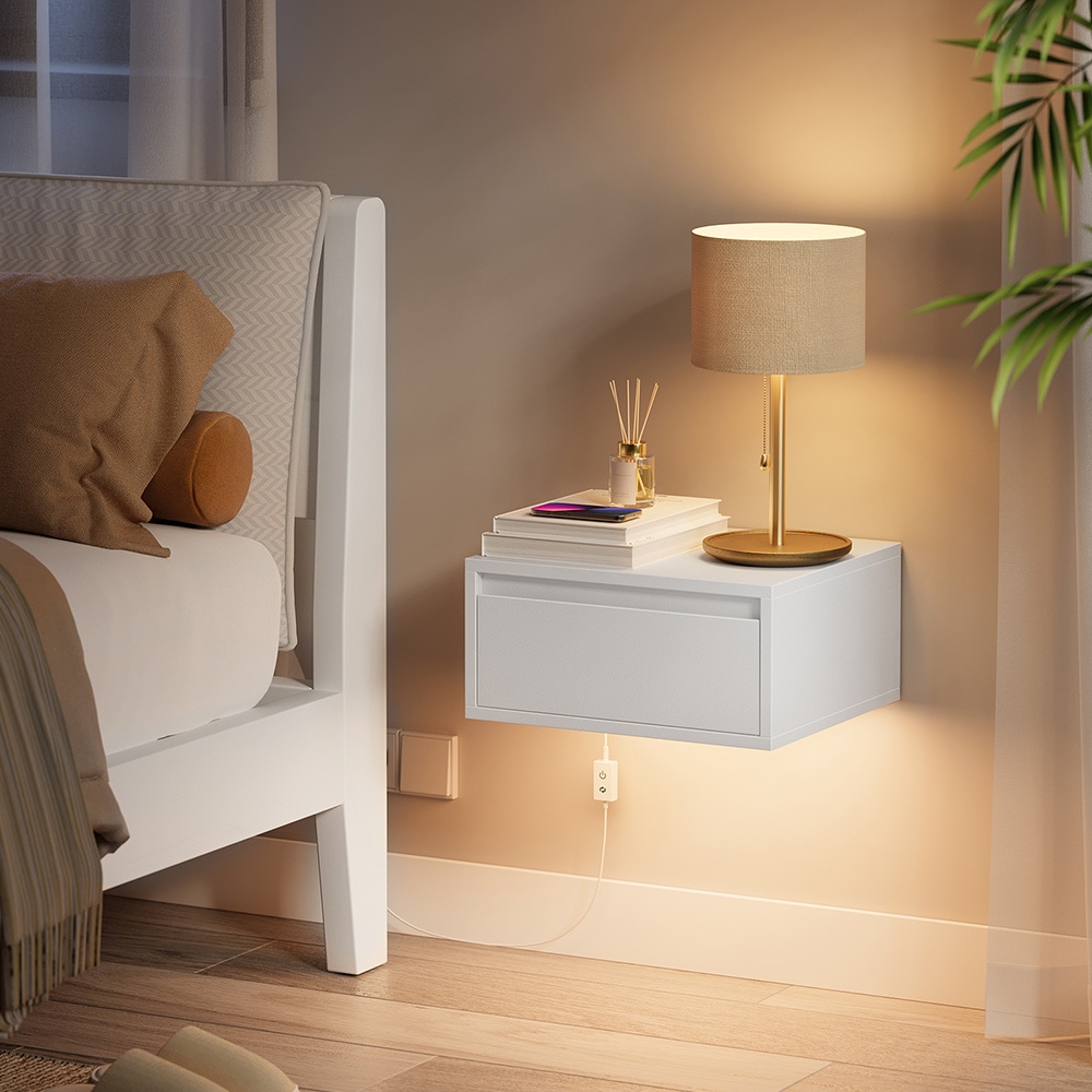 Seinään kiinnitettävä yöpöytä 35 x 40 x 18 cm, LED-valaistus ja laatikko