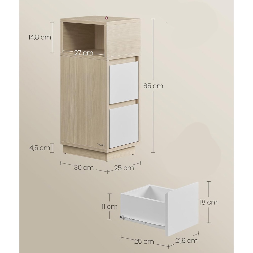 Kapea yöpöytä, jossa on 2 laatikkoa ja yksi avoin lokero - Beige/valkoinen