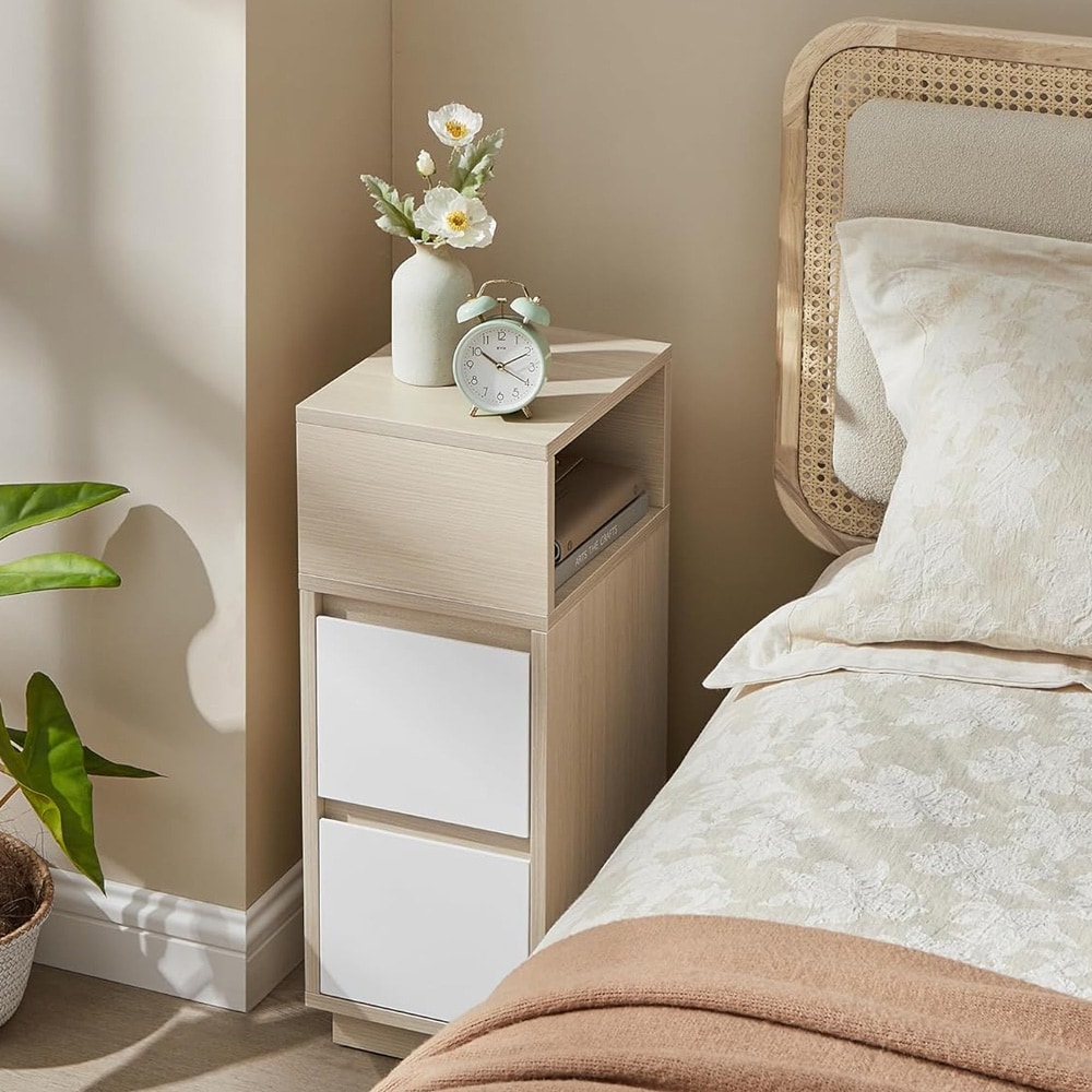 Kapea yöpöytä, jossa on 2 laatikkoa ja yksi avoin lokero - Beige/valkoinen