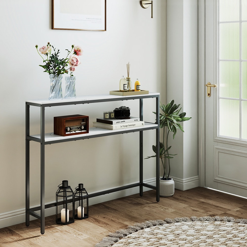 Konsolipöytä 100 x 80 x 20 cm, jossa on kaksi marmorihyllyä