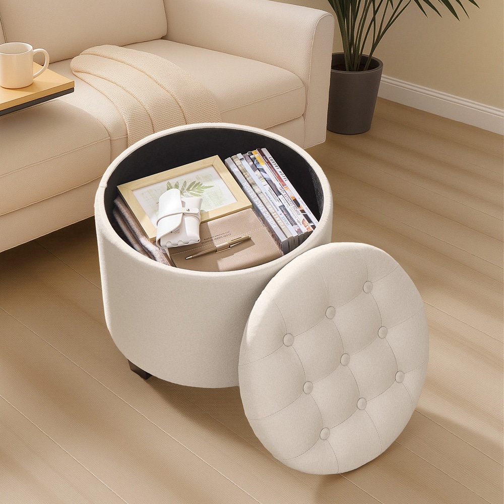 Pyöreä puff 45 x 45 x 44,5 cm säilytystilalla - vaalean beige