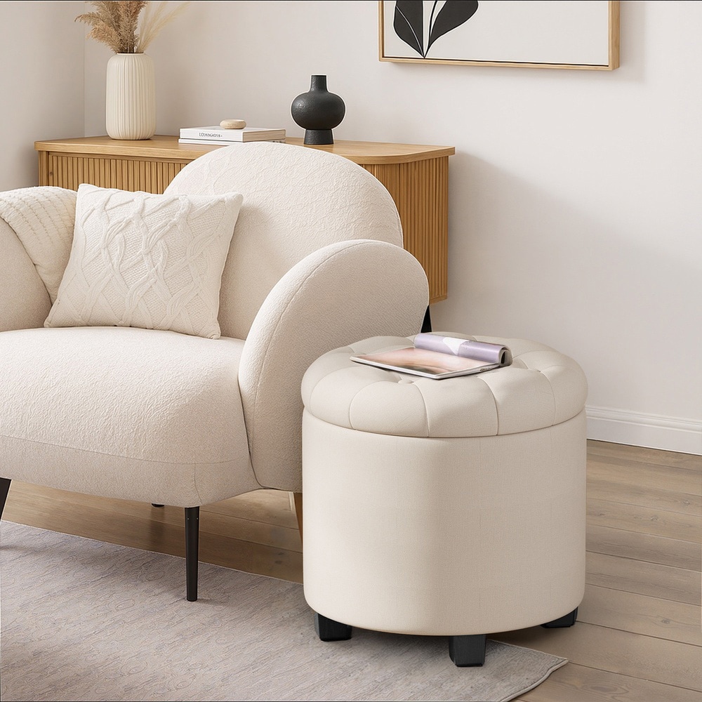 Pyöreä puff 45 x 45 x 44,5 cm säilytystilalla - vaalean beige