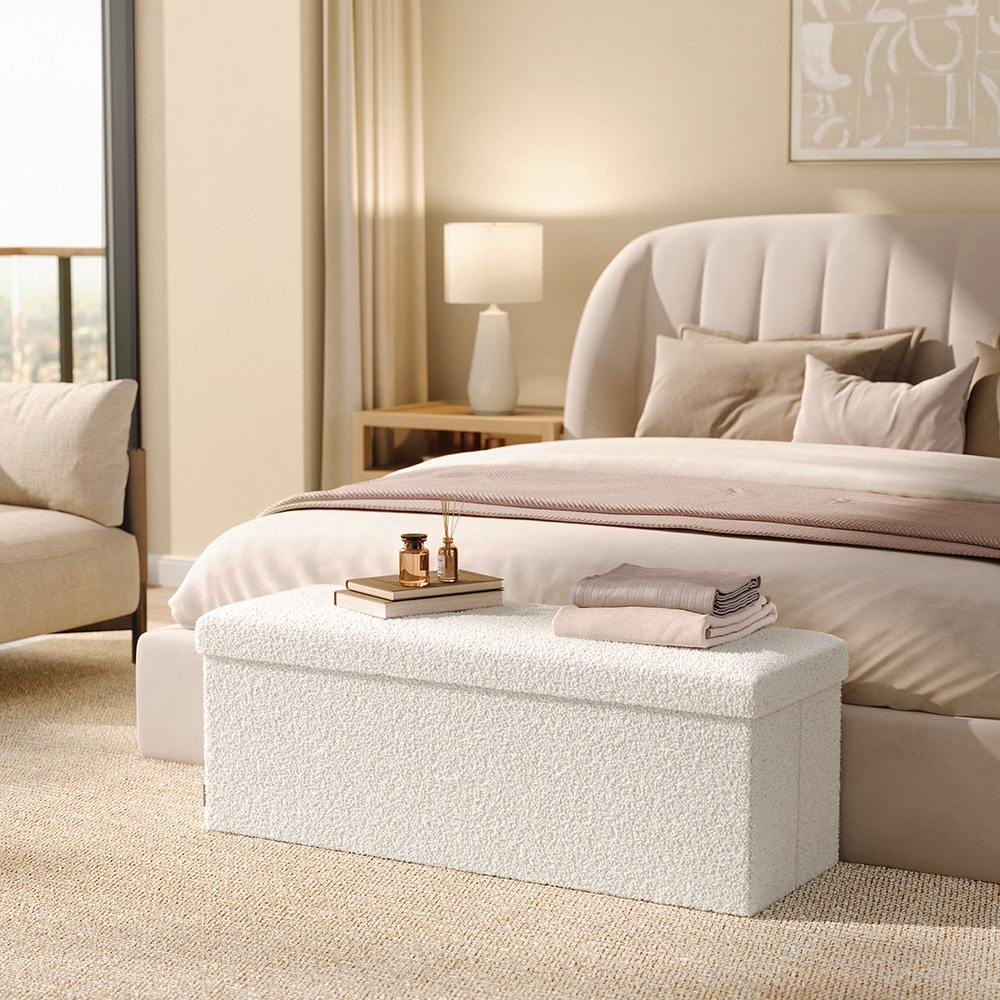 Pehmeä säilytyspenkki istuintyynyllä 110x38x38cm - Valkoinen