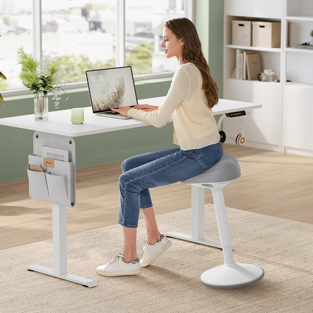 Säädettävä jakkara, jossa on satulaistuin ja liukumaton jalusta - valkoinen/harmaa