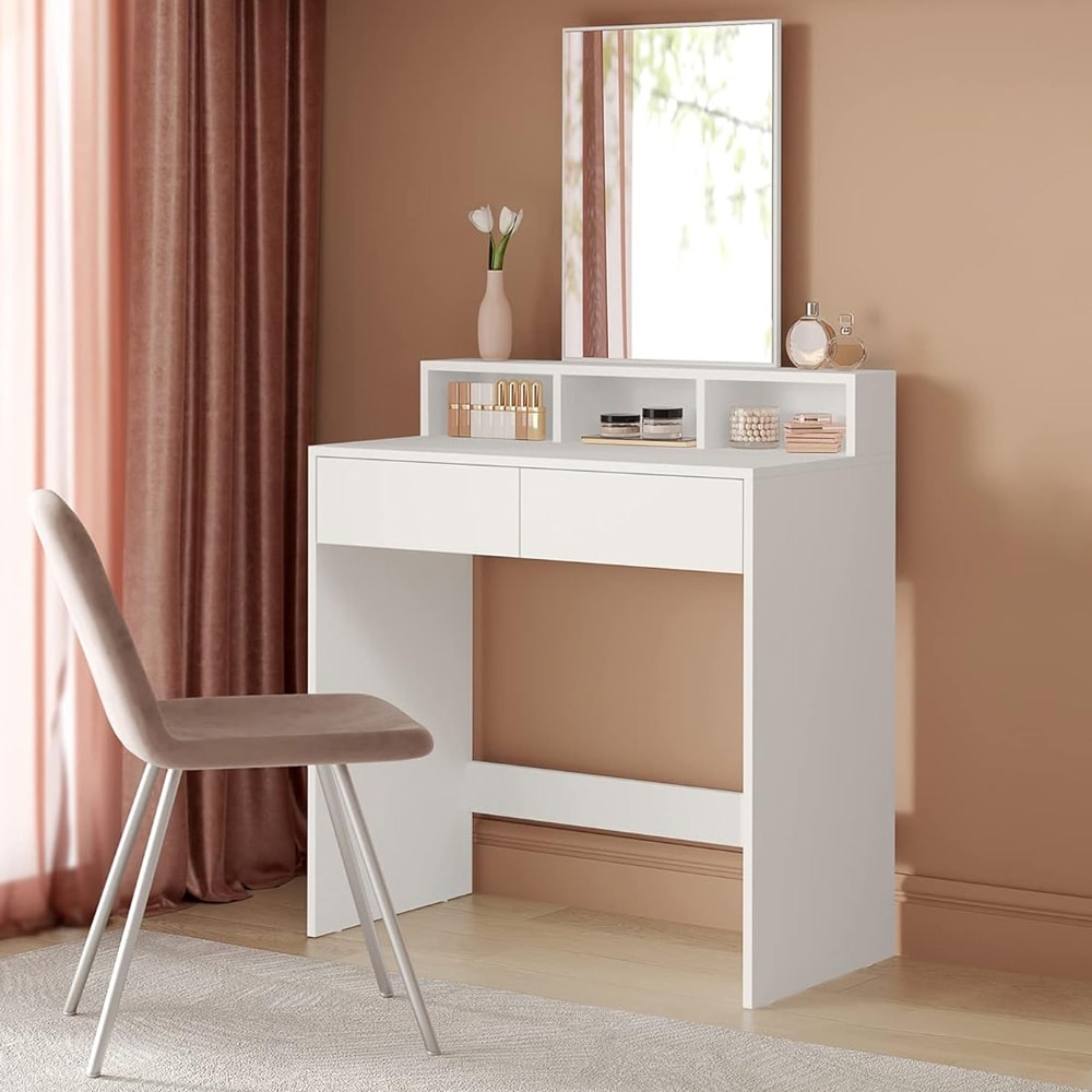 Pukupöytä, jossa on suuri peili, 2 laatikkoa ja 3 lokeroa - Valkoinen