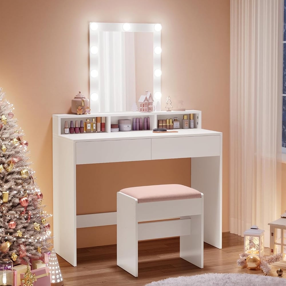 Pukeutumispöytä, jossa LED-valaistu peili, 2 laatikkoa ja useita säilytyslokeroita - Valkoinen