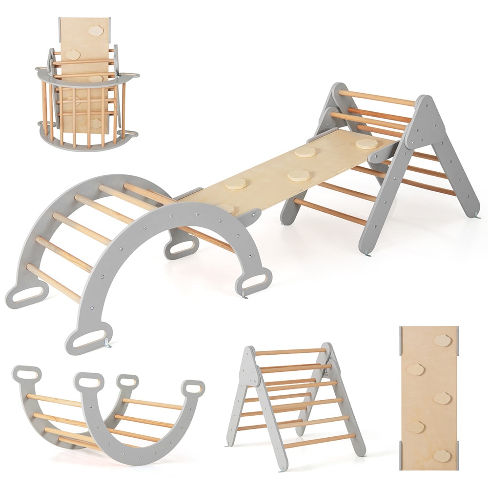 3-in-1 puinen lasten kiipeilyteline, jossa on luiska ja tikkaat - Harmaa