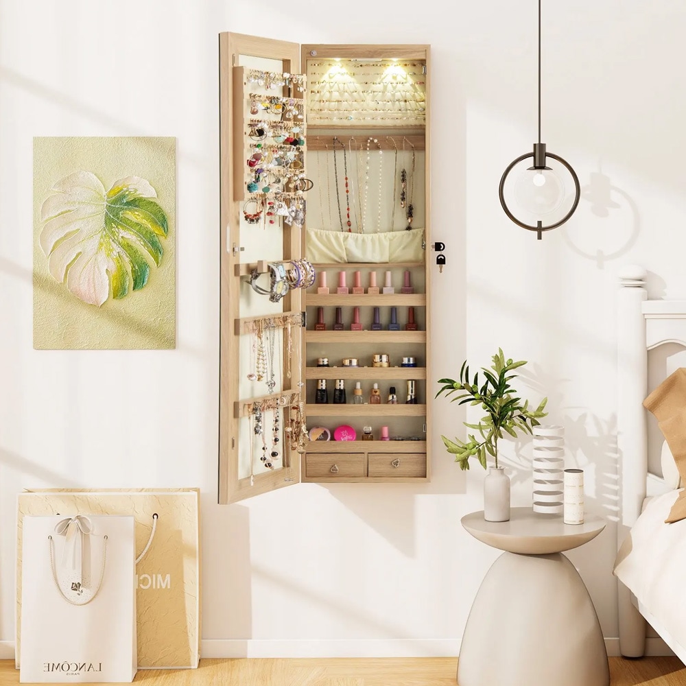 Korukaappi peilillä ja LED-valaistuksella seinään tai oveen 120x35,5cm - Beige