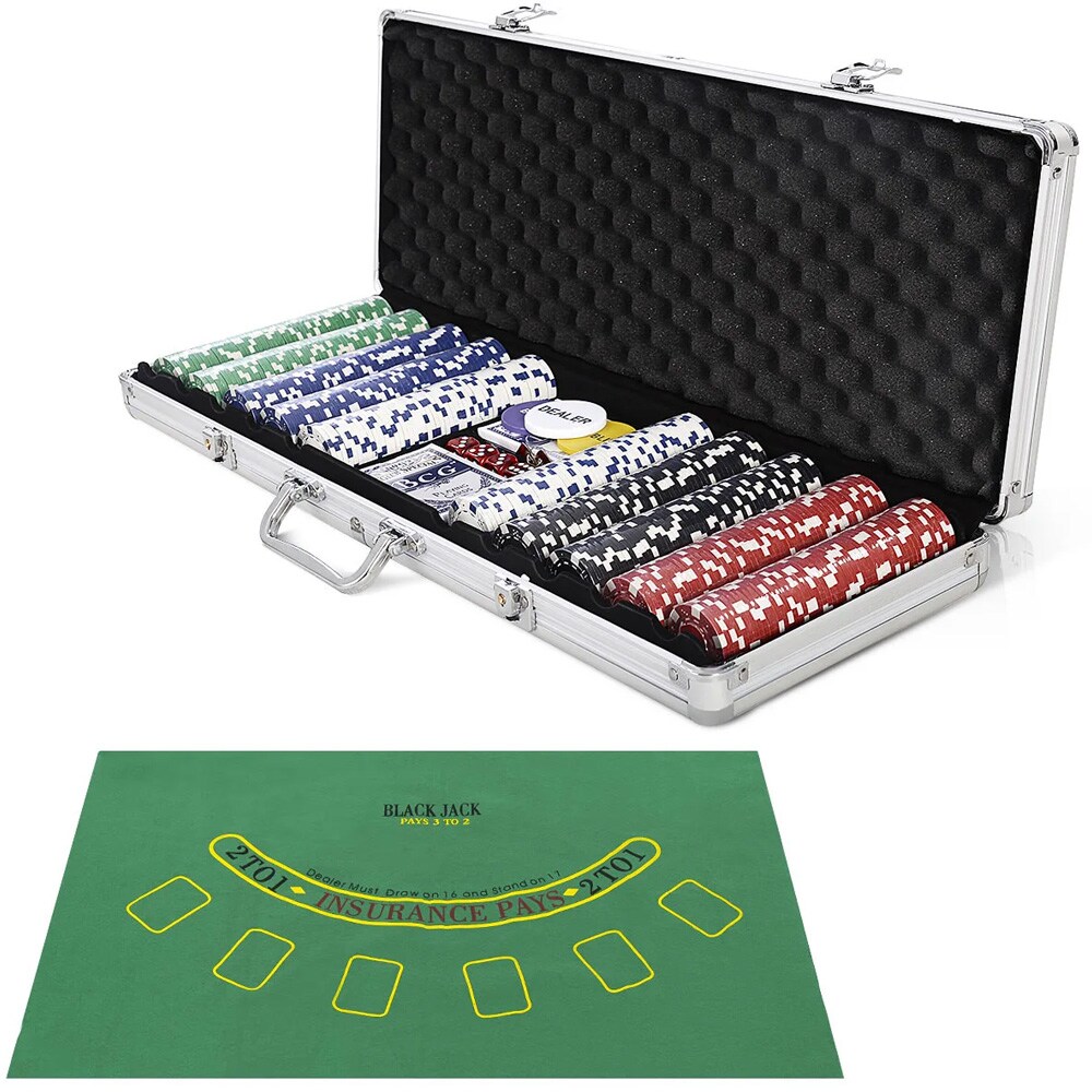 Pokerisetti - laukku, pelimerkit ja blackjack-pöytäliina