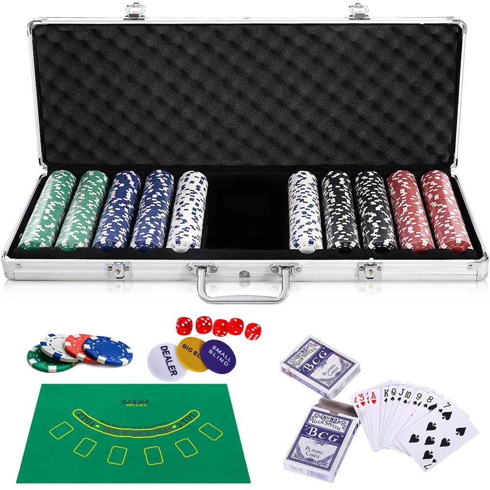 Pokerisetti - laukku, pelimerkit ja blackjack-pöytäliina