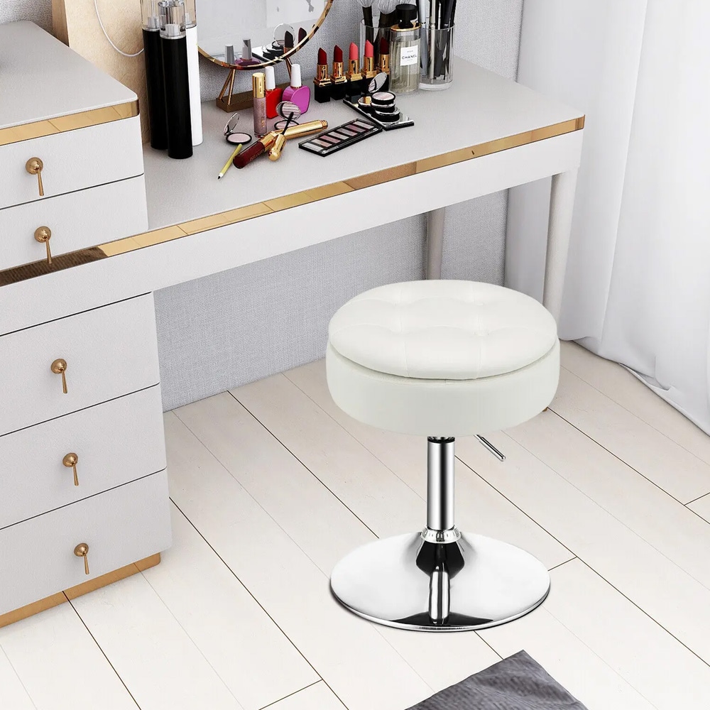 Korkeussäädettävä pyörivä jakkara säilytystilalla ja lokerokannella – valkoinen