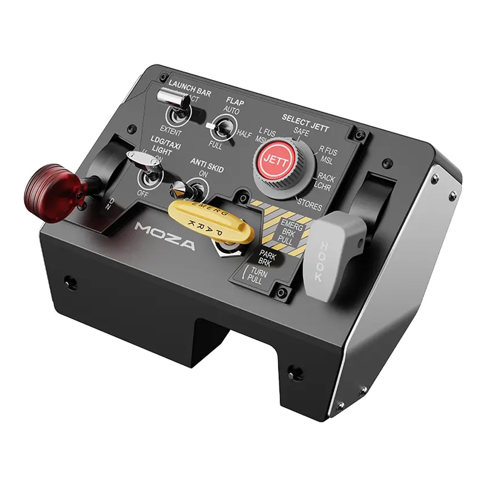 Moza MTLP lentosimulaattorin laskeutumispaneeli, jossa on 25 ohjelmoitavaa ohjainta