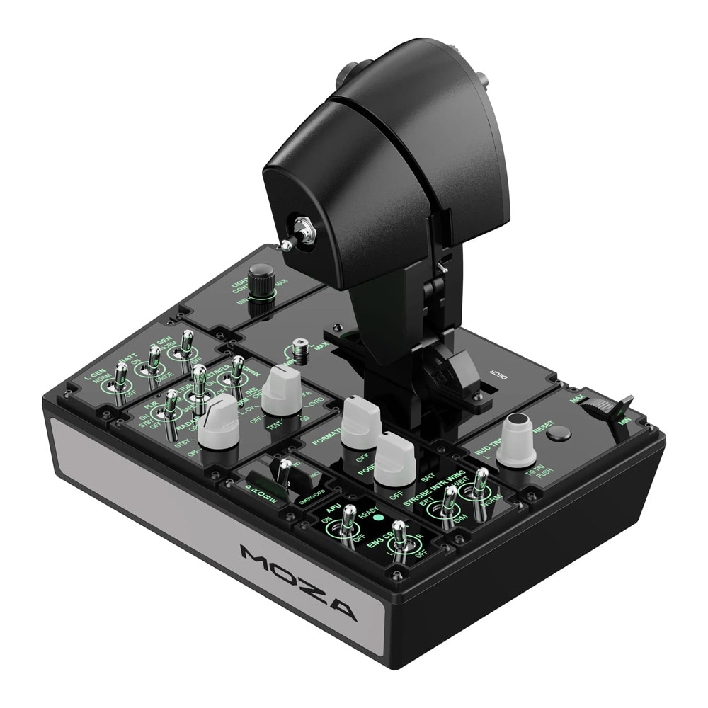 Moza MTP kaasupaneeli lentosimulaatioon, jossa on tärinäpalaute ja 27 ohjainta