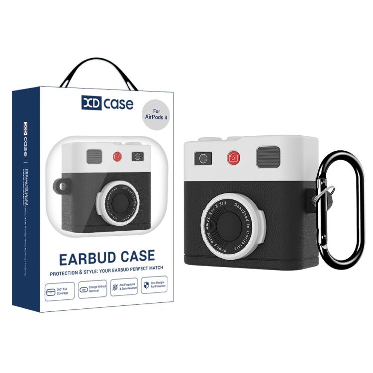 Silikonisuojakotelo AirPods 4:lle retro-kameramallissa – musta