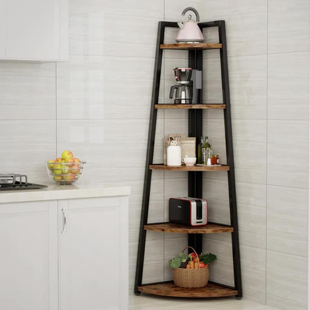 Teollisuustyylinen kulmahylly, jossa 5 hyllyä - Tummanruskea / jalustallinen hylly / kulmahylly, jossa on avoimet hyllyt