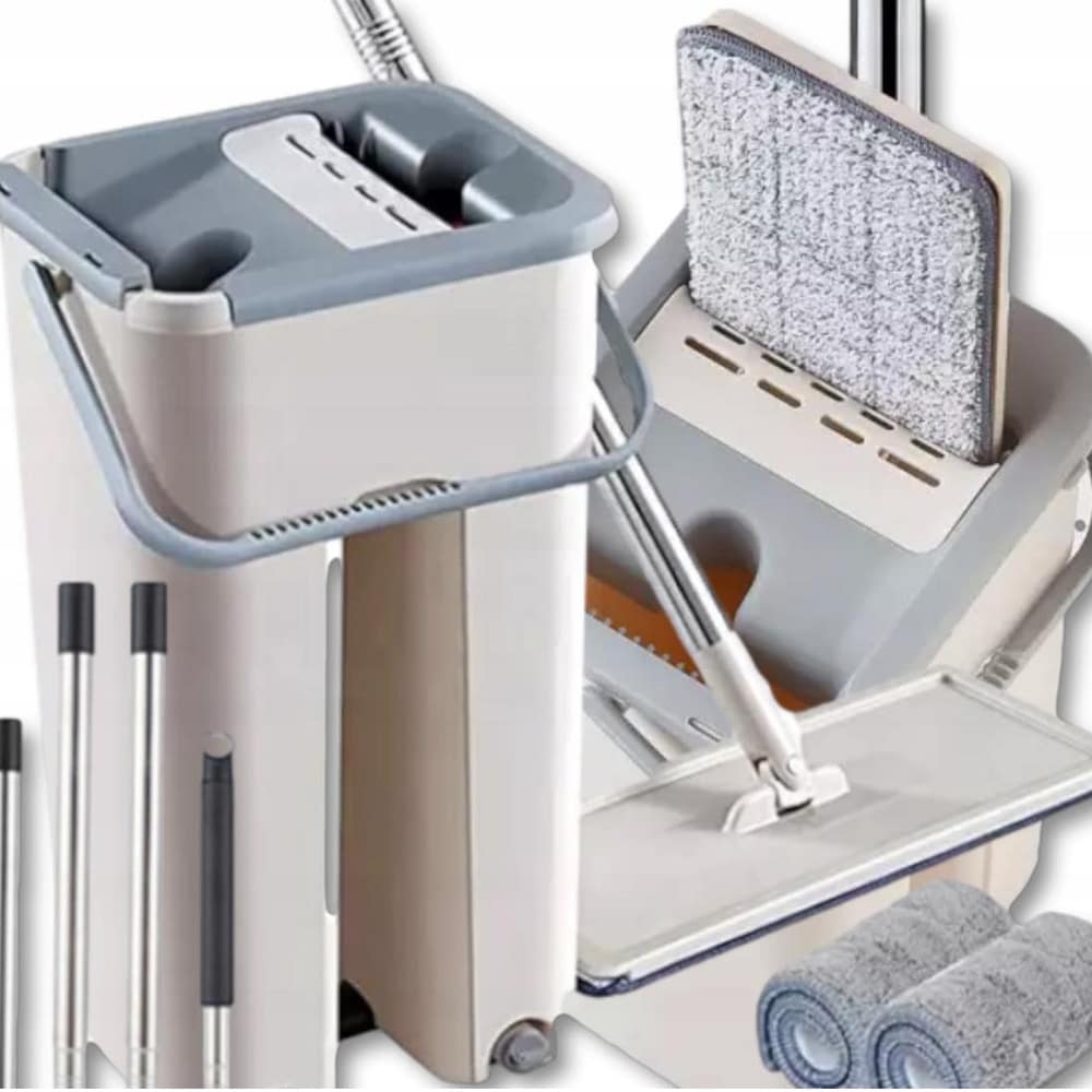 Moppi, jossa on ämpäri ja kaksoiskammio, teleskooppivartinen kahva ja mikrokuitua