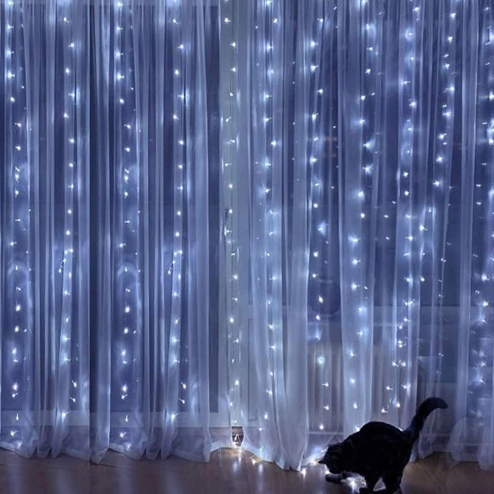 LED-verho 3 x 3 m, jossa 300 LEDiä, lämmin valkoinen ja USB 5 V