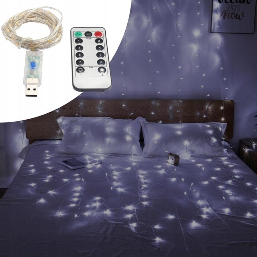 LED-verho 3 x 3 m, jossa 300 LEDiä, viileän valkoinen ja USB 5 V