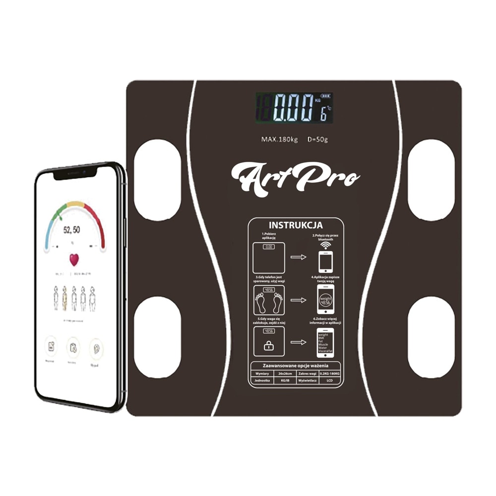 Älykäs henkilökohtainen mittakaava Bluetoothilla ja kehon mittauksella 5-180kg - Svart